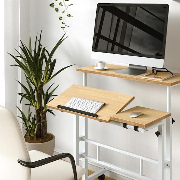 Adjustable Computer Desk 27.56 in. Rectangular Brown Wood with Tilting Surface and Mobile Casters Desk for Home Office