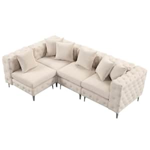 Comfort Modular Couch 122 in. Velvet 3 Seat L Shaped Sectional Sofa for Living Room with Tufted Button in. Beige