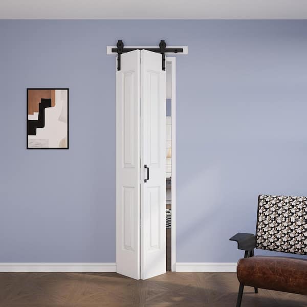 24 in. x 84 in. Assembled Bi-Fold 4 Panel White Primed DIY Available Hollow Core MDF Sliding Barn Door with Hardware Kit
