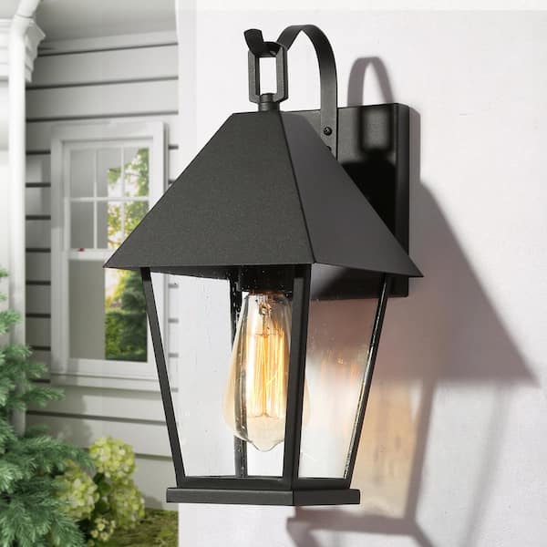 Uolfin Craftsman 14-in Outdoor Porch Wall Lantern Sconce 1-Light Industrial Black Patio Wall Light with Clear Seeded Shade