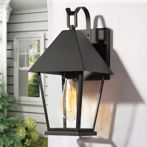 Craftsman 14-in Outdoor Porch Wall Lantern Sconce 1-Light Industrial Black Patio Wall Light with Clear Seeded Shade