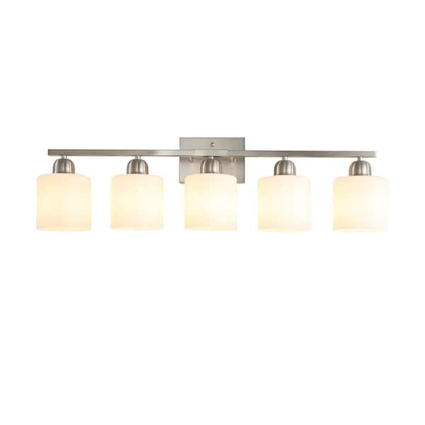 Modern 32 in. 5-Light Chrome Vanity Light Wall Sconce with Milky White Frosted Glass Shades
