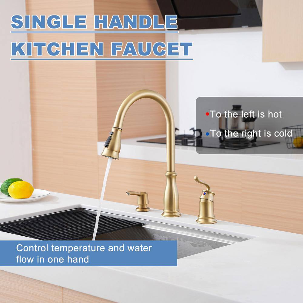 Brushed Gold Stainless Steel Pull Down Kitchen Faucet with Soap Dispenser