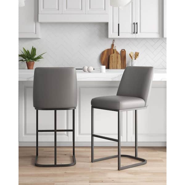 Manhattan Comfort Serena Modern 29.13 in. Grey Metal Bar Stool with Leatherette Upholstered Seat (Set of 2)