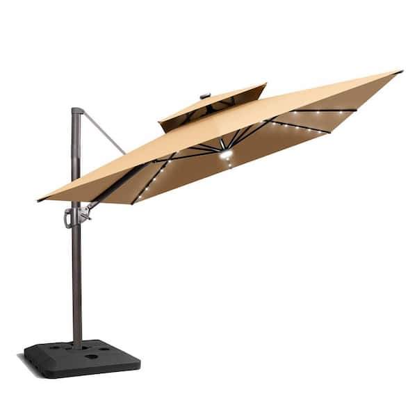 Double Top 11.5 ft. x 9 ft. 360° Rotation Solar LED Lighted Cantilever Patio Umbrella in Tan, 240 lbs. HDPE Square Base