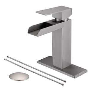 Single-Handle Single Waterfall Spout Hole Bathroom Faucet with Deckplate and Drain Kit Included in Brushed Nickel
