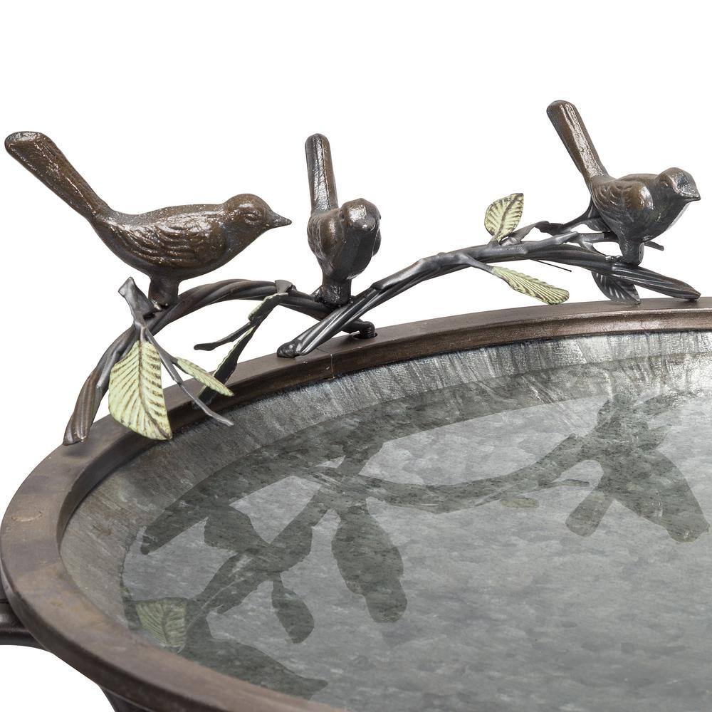 Silver Metal Birdbath with Stand and Bird Figurines