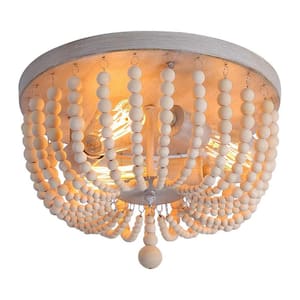 11.8 in. 3-Light Boho Farmhouse Wood Beaded Drum Flush Mount Ceiling Light for Hallway, Nursery, Bedroom