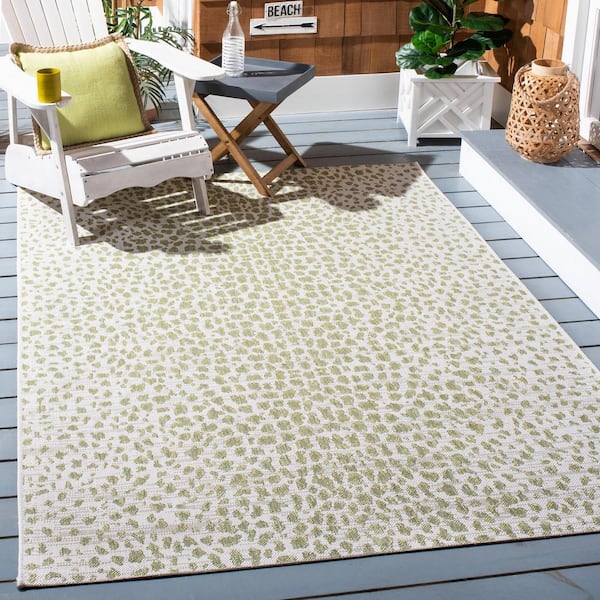 Courtyard Ivory/Sage Green Doormat 3 ft. x 5 ft. Cheetah Geometric Indoor/Outdoor Area Rug