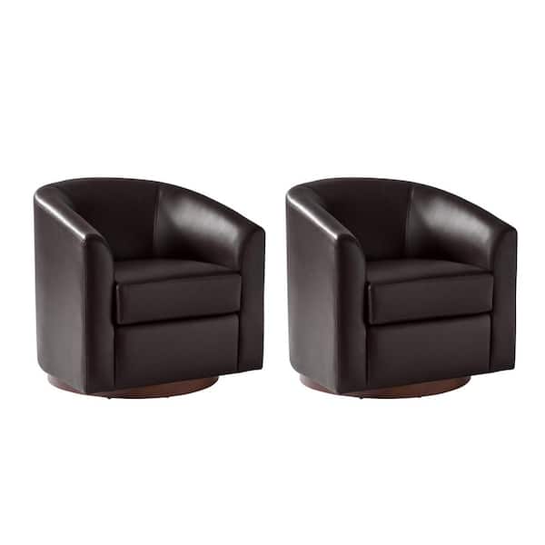JAYDEN CREATION Meroy 30.5 in. Wide Brown Modern Swivel Barrel Faux Leather Chair with Solid Wood Base Set of 2