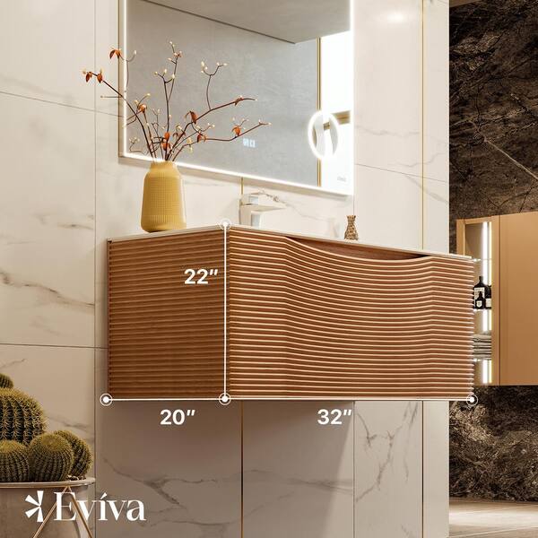 Eviva Leah 32 in. W Solid Wood Single Sink Floating Bath Vanity in Medium Oak with White Solid Surface Top