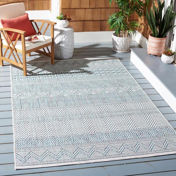 Courtyard Ivory/Turquoise 3 ft. x 5 ft. Striped Tribal Chevron Indoor/Outdoor Area Rug