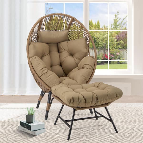 PE Wicker Outdoor Lounge Egg Chair with Brown Cushion and Ottoman