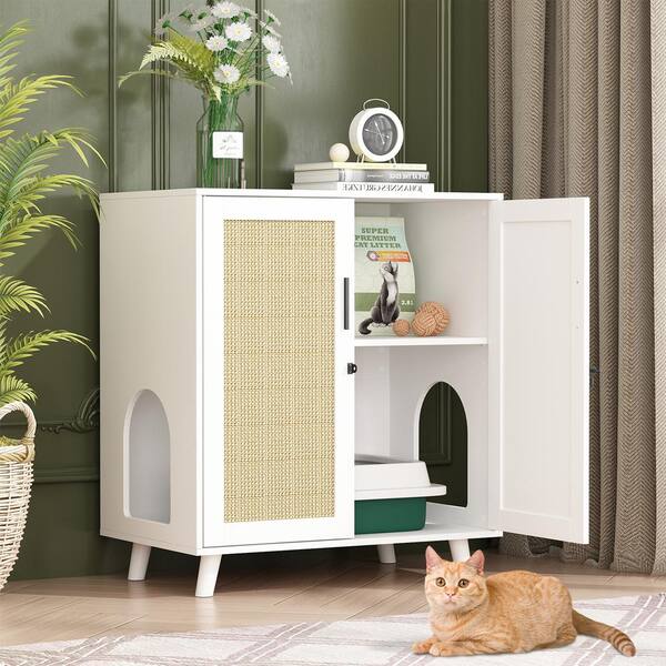 WIAWG Cat Litter Box Enclosure with Lock Sisal Door White Hidden Litter Box Furniture Cat Washroom Storage for Living Room Y THD 180112 04 cc