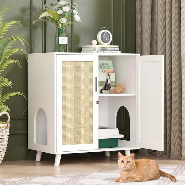 FUFU&GAGA Cat Litter Box Enclosure with Lock Sisal Door, White Hidden Litter Box Furniture Cat Washroom Storage for Living Room