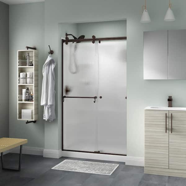 Delta Portman Contemporary 43-3/8 to 47-3/8 in. W x 71 in. H Frameless Sliding Shower Door, Bronze, Rain Glass