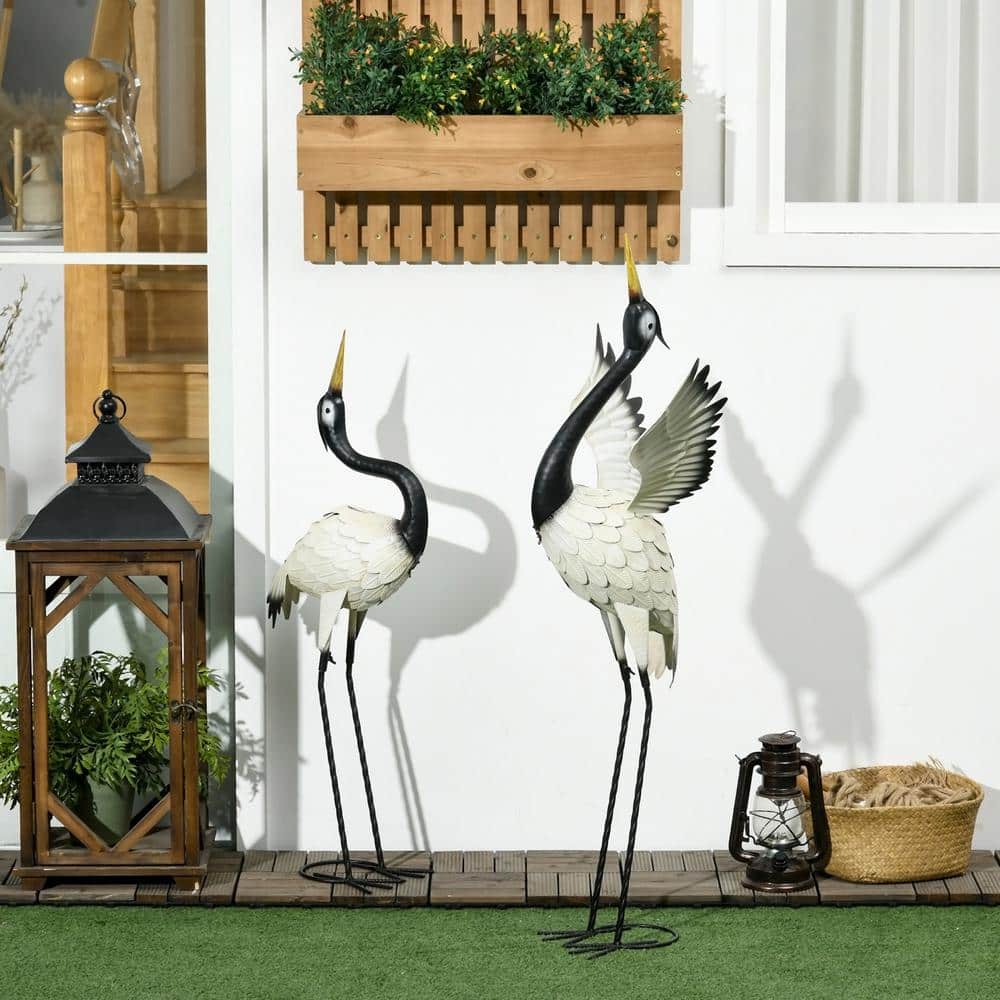 Set of 2 White and Black Metal Heron Garden Statues