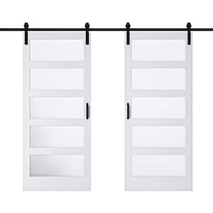 72 in. x 96 in. (2-36 in. Slabs)5-Lite Tempered Frosted Glass White rimed MDF Wood Sliding Barn Door with Hardware Kit