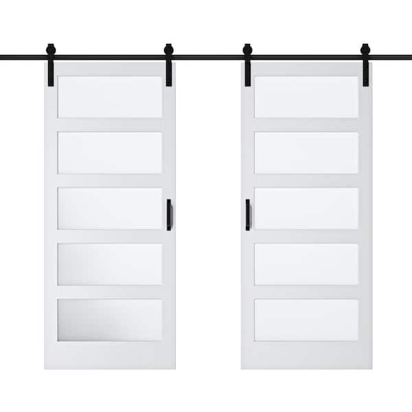 ARK DESIGN 72 in. x 96 in. (2-36 in. Slabs)5-Lite Tempered Frosted Glass White rimed MDF Wood Sliding Barn Door with Hardware Kit