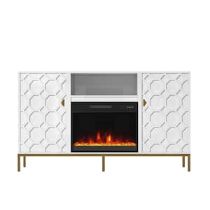 60 in. W Adjustable Shelf White TV Stand with 2-Cabinets and Fireplace