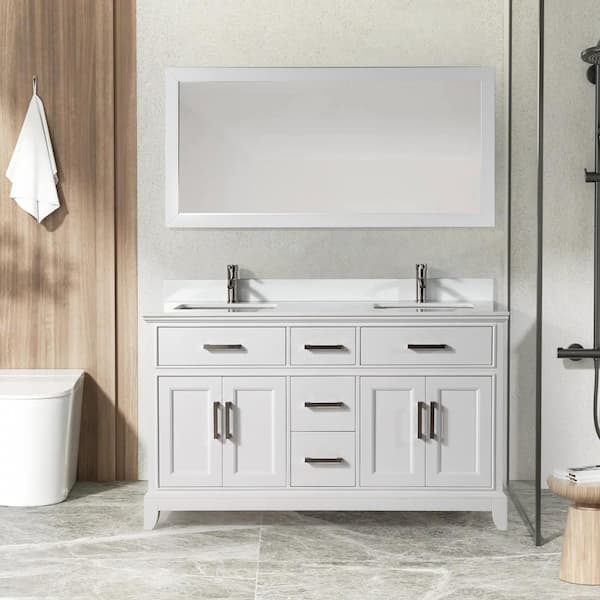 Vanity Art Genoa 60 in. W x 22 in. D x 36 in. H Bath Vanity in White with Engineered Marble Top in White with Basin and Mirror
