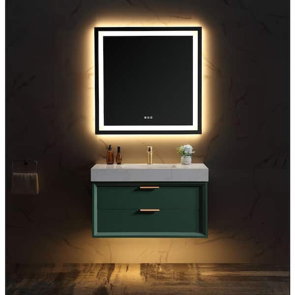 Xspracer Moray 36 in. W x 21 in. D x 21 in. H Floating Single Sink Bath Vanity in Green with White Engineer Marble Countertop