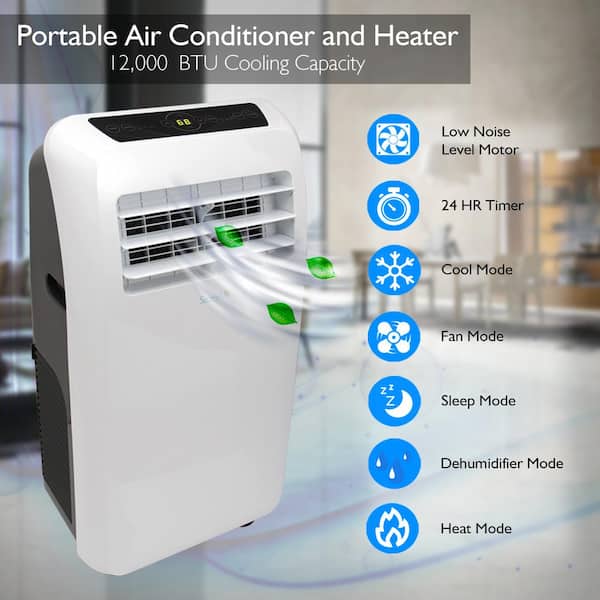 SereneLife 12000 BTU (DOE) Portable Air Conditioner Cools 550 sq ft with Heater and Dehumidifier Remote Control in White