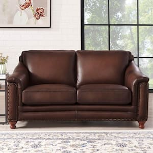Belfast 66.5 in. Brown Solid Top Grain Leather 2-Seater Loveseat with Removable Cushions