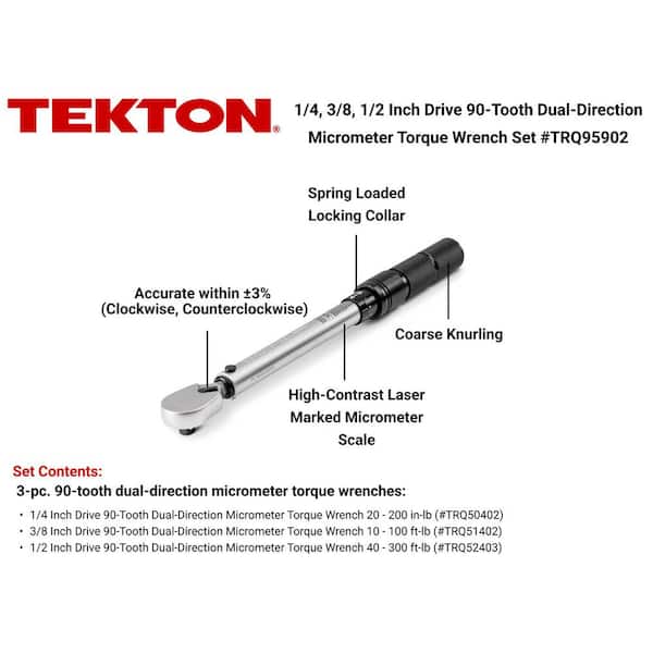 1/4,3/8,1/2 Inch Drive Dual-Direction Micrometer Torque Wrench Set, 3-Piece (20-200 in-lb, 10-100 ft-lb, 40-300 ft-lb)