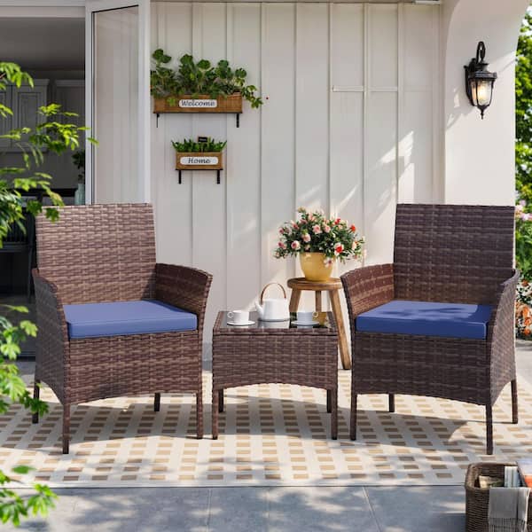 3-Piece Outdoor Brown Wicker Patio Set with Navy Cushions-Compact Seating for Balcony, Porch, or Small Patio