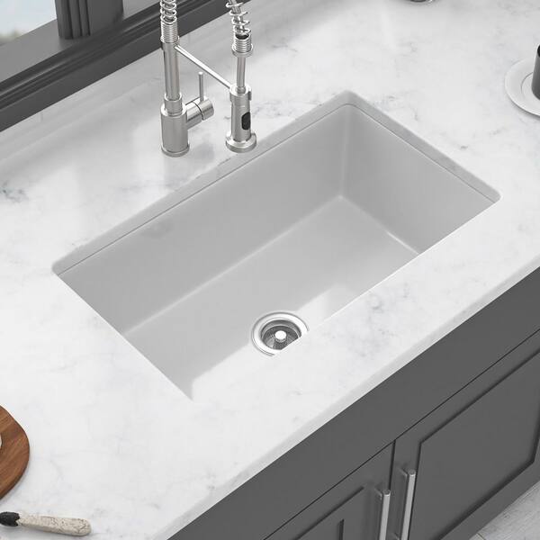 30 in. Undermount Single Bowl White Ceramic Kitchen Sink with Bottom Grids