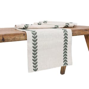 15 in. x 70 in. Cute Leaves Crewel Embroidered Table Runner, Pine Green/Natural