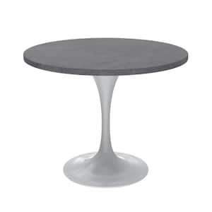 Verve Modern Dining Table with a 36 Round Sintered Stone Tabletop and White Steel Pedestal Base, Grey