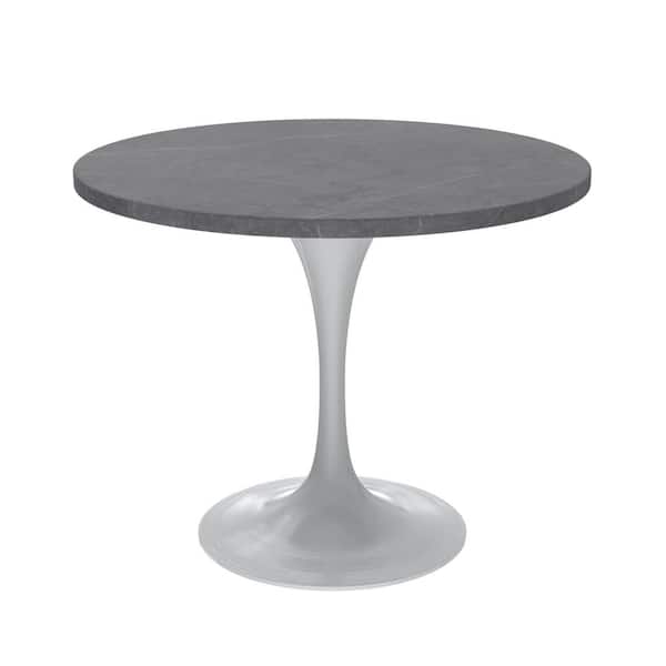 Leisuremod Verve Modern Dining Table with a 36 Round Sintered Stone Tabletop and White Steel Pedestal Base, Grey
