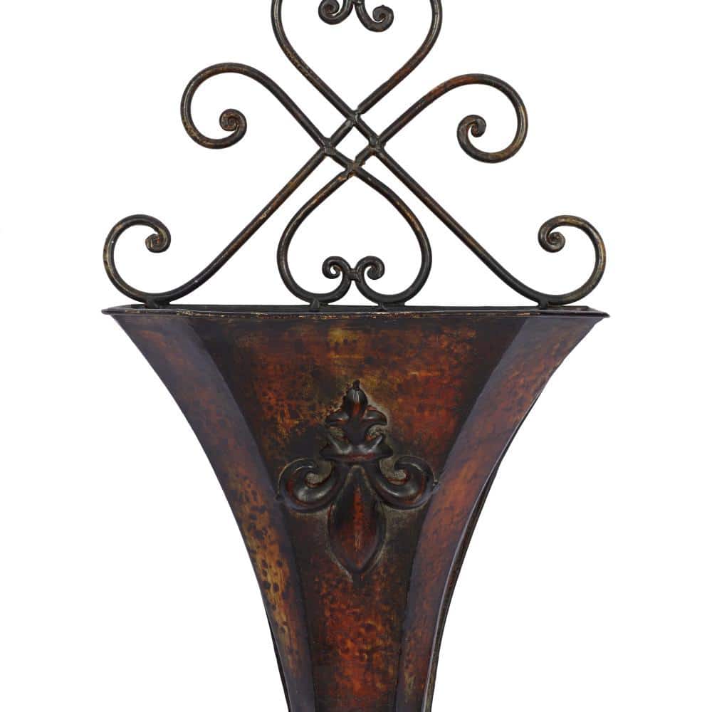 Brown Iron Scrollwork Indoor Outdoor Wall Planter Set