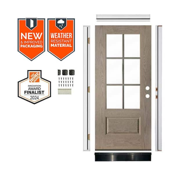 DIY 36 in. x 79 in. Clear Glass Left-Hand OL Stain Woodlook Texture Fiberglass Front Door Kit w/ Quick Assemble Jamb