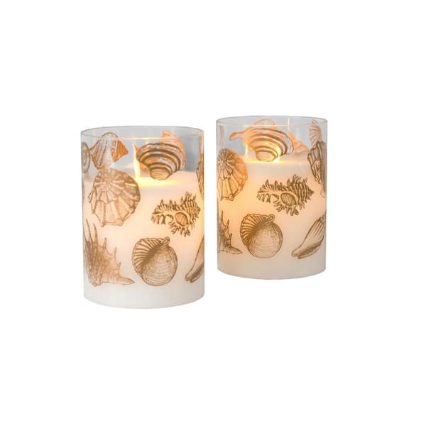 LUMABASE Seashells Battery Operated LED Glass Candles with Moving Flame (Set of 2)