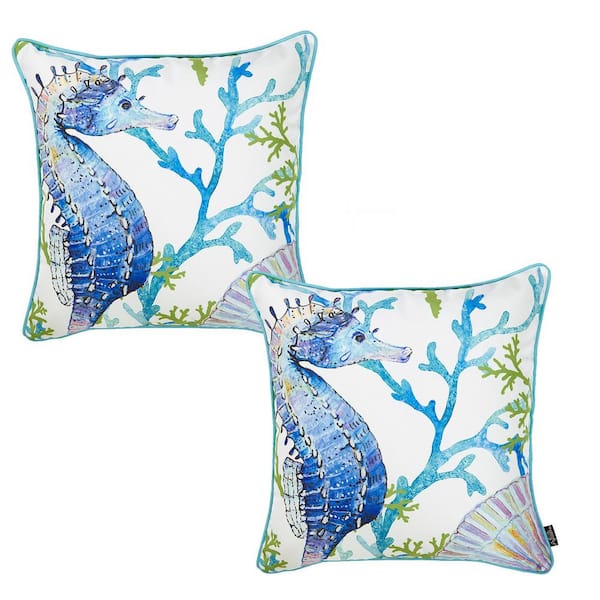 Nautical Coastal Seahorse Decorative Set of 2 Throw Pillow Covers 18 in. x 18 in. Square White and Blue