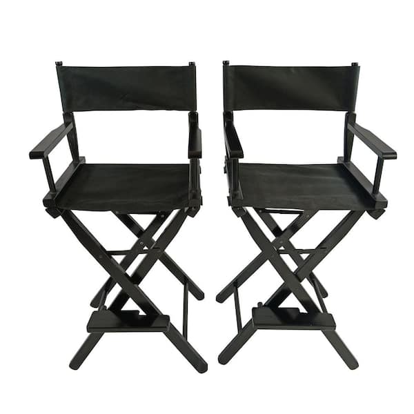 Afoxsos 2-Piece Black Outdoor Populus Wood Casual Chair Foldable Director Chair with Footrest, Canvas Backrest and Seat