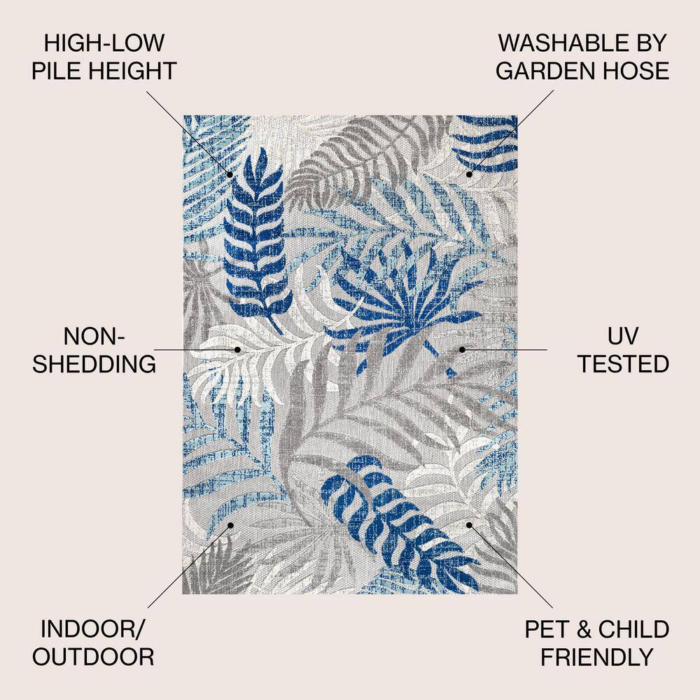 Gray and Blue Synthetic Palm Leaves 3' x 5' Area Rug