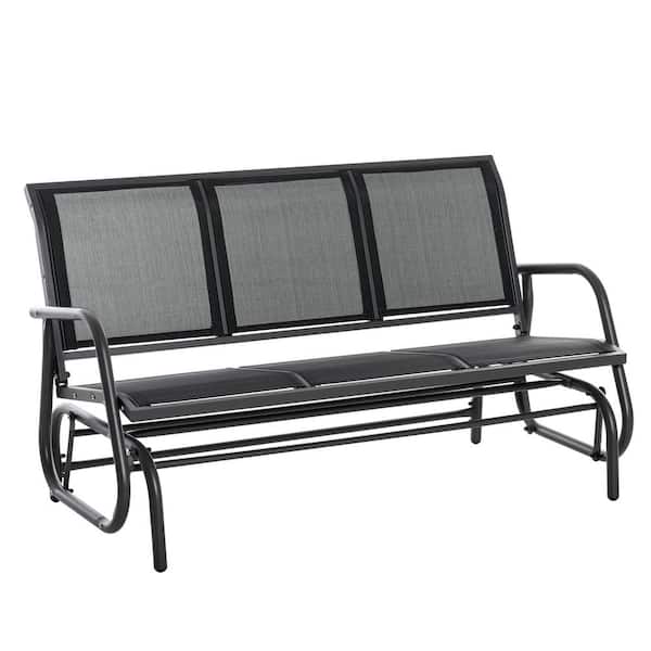Sudzendf 3-Person Black Metal Outdoor Porch Glider Swing Bench, Breathable Mesh Fabric