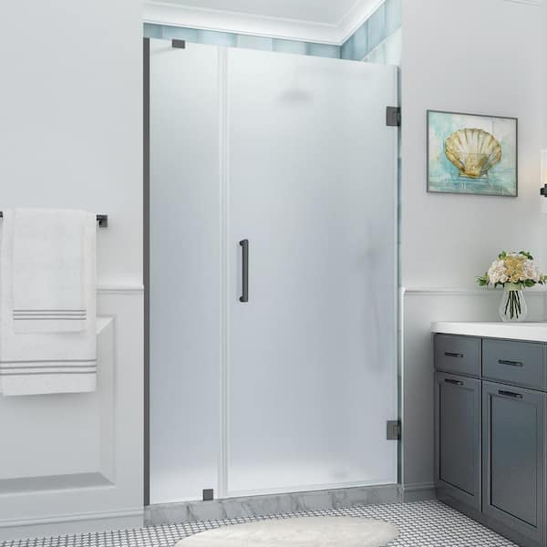 Aston Belmore XL 44.25 - 45.25 in. x 80 in. Frameless Hinged Shower Door with Ultra-Bright Frosted Glass in Matte Black