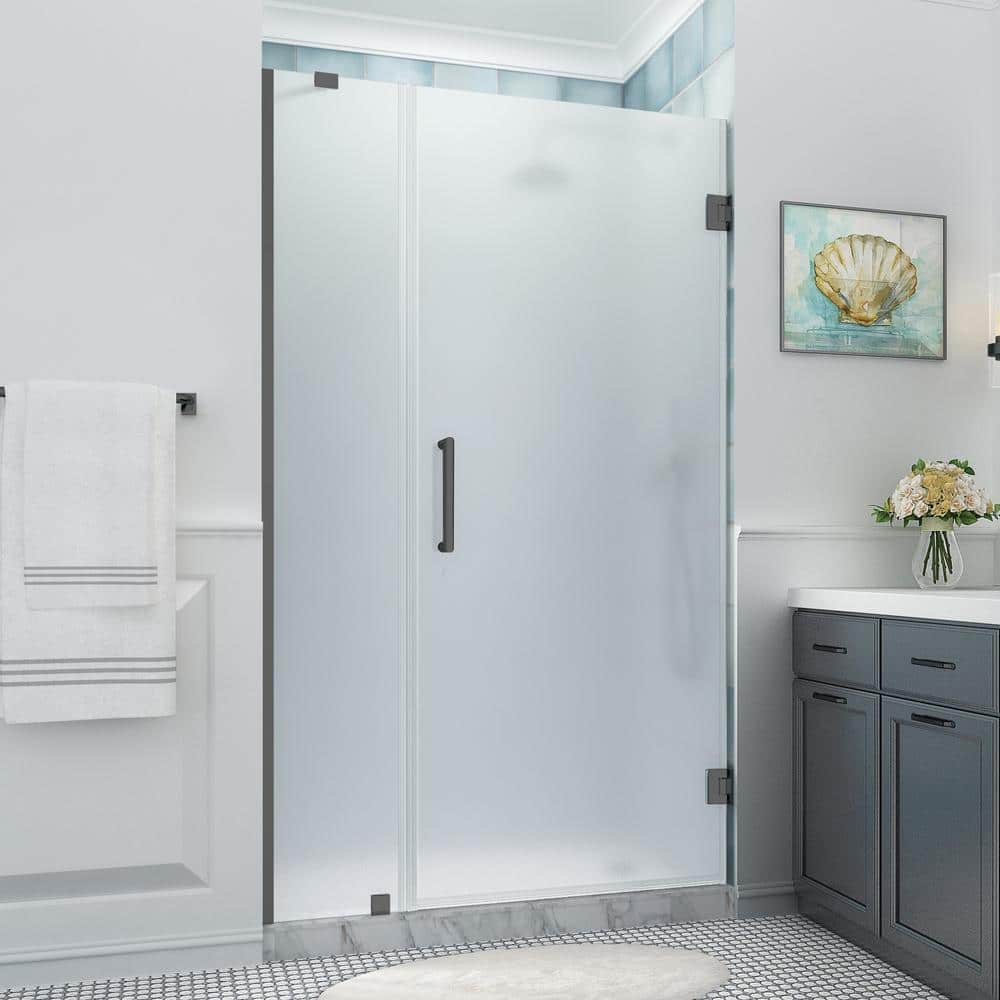 Belmore XL Matte Black Frameless Hinged Shower Door with Frosted Glass