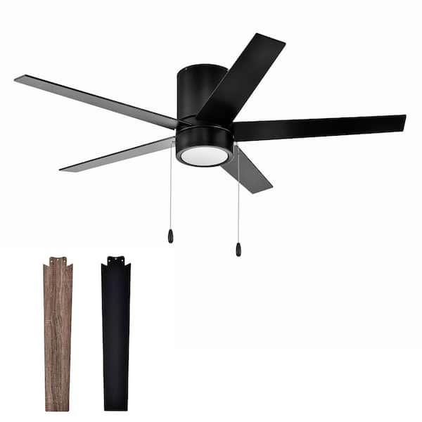 52 in. Matte Black 3-Speed 3CCT Indoor Standard Style Flush Mount DC Motor Ceiling Fan with LED Light Kit and Pull Chain