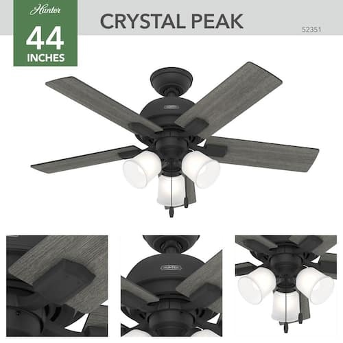 Crystal Peak 44 in. Indoor Matte Black Ceiling Fan with Light Kit Included Hunter Ceiling Fans With Lights