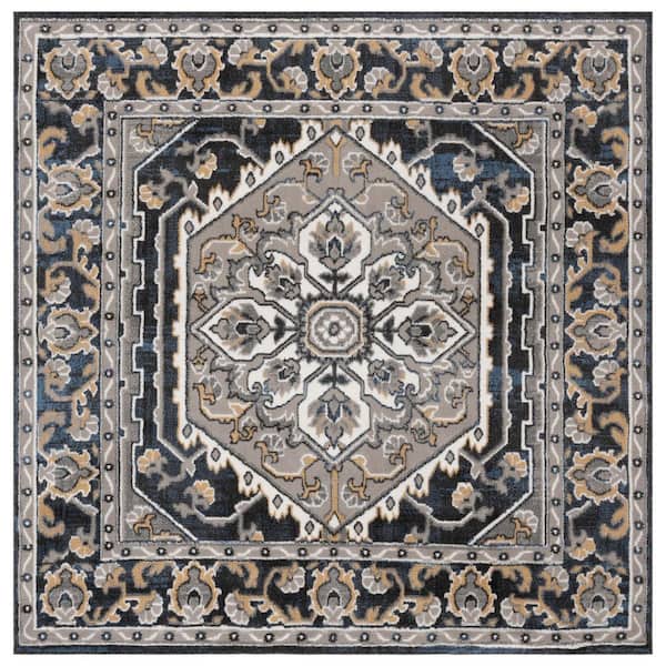 Pyramid 7 ft. x 7 ft. Gray/Navy Gold Ornate Medallion Border Square Area Rug