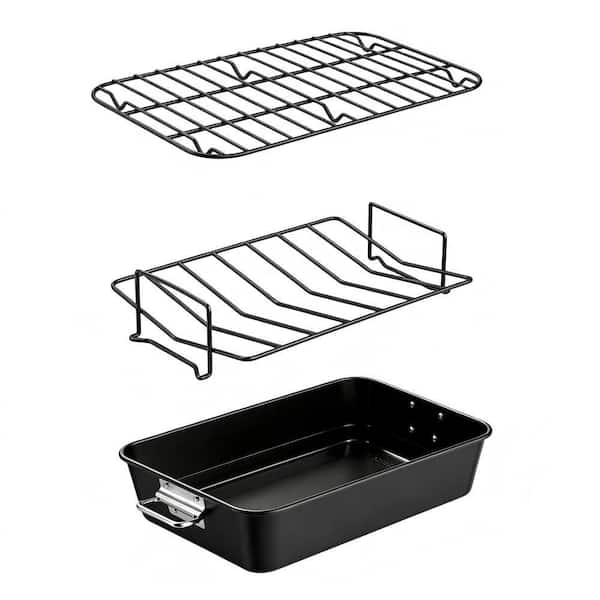 Non‑Stick 9.47 qt. Black Carbon Steel, Oven‑Safe Deep Roasting Pan, Grill Pan with Racks for Thanksgiving Holiday Meals