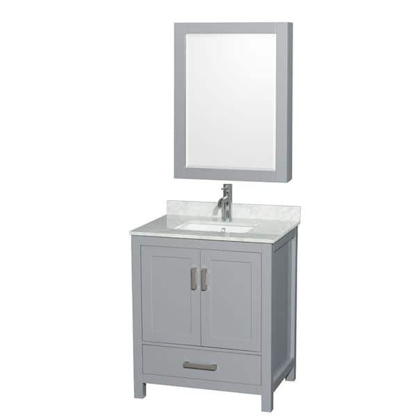 Wyndham Collection Sheffield 30 in. W x 22 in. D x 35.25 in. H Single Bath Vanity in Gray with White Carrara Marble Top and MC Mirror
