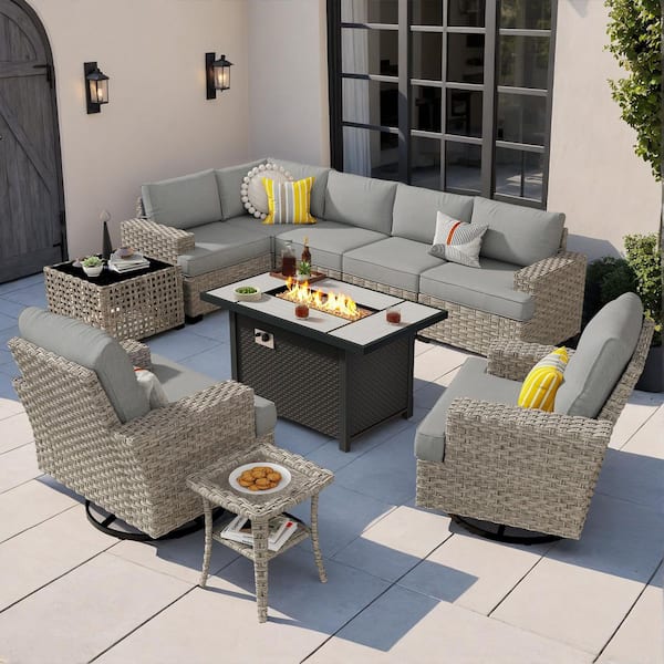 XIZZI Felicity 10 Pieces Wicker Outdoor Patio Rectangular Fire Pit Set and Swivel Rocking Chairs with Dark Gray Cushions
