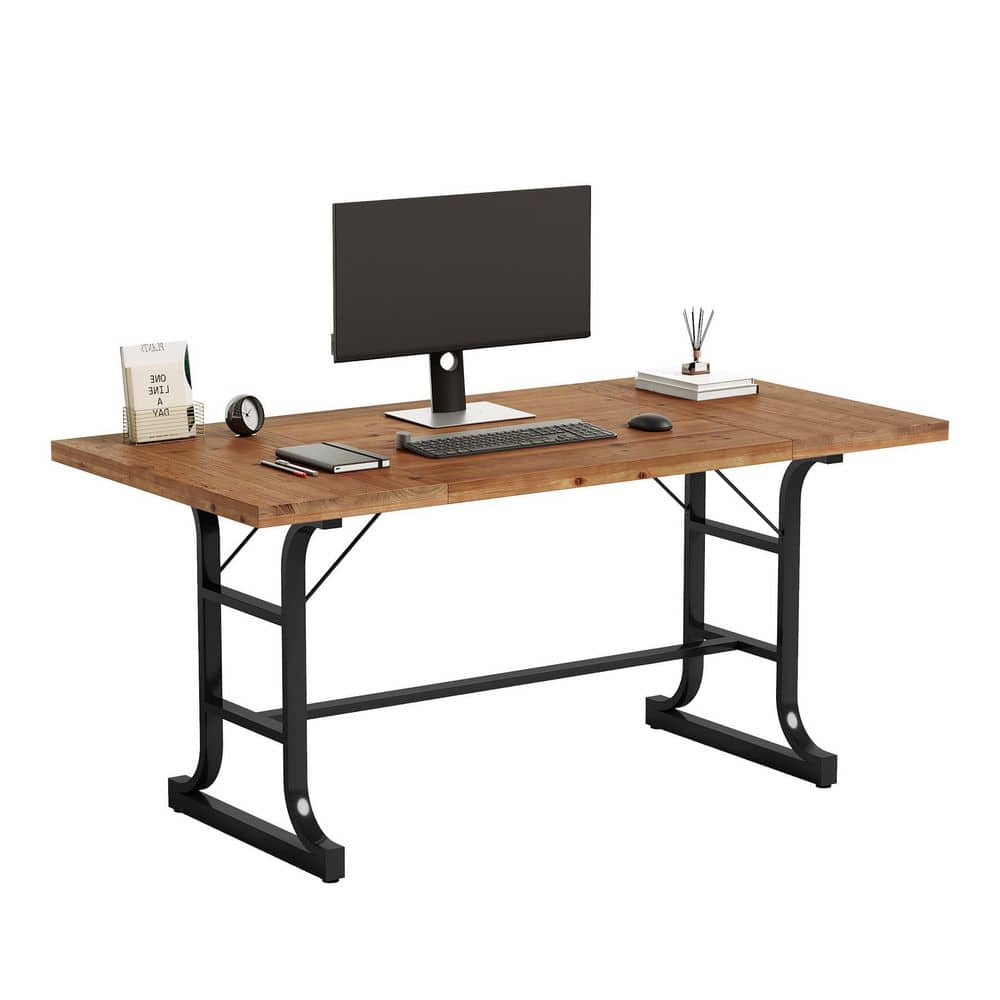 Computer desk with wood top, monitor, and laptop.